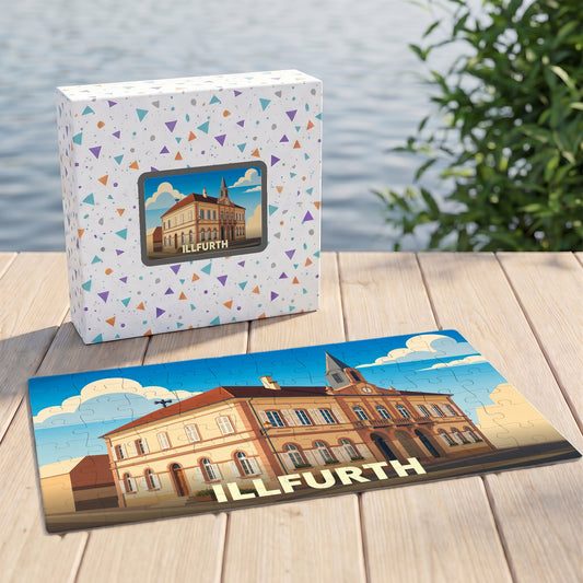 Puzzle souvenir de la ville d'Illfurth avec une illustration stylisée de son hôtel de ville.