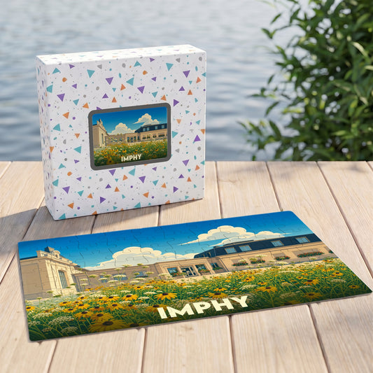 Puzzle souvenir de la ville de Imphy illustré d'un paysage floral et architectural coloré.