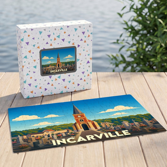 Puzzle souvenir de la ville d'Incarville avec une illustration stylisée de son église et de son cimetière.