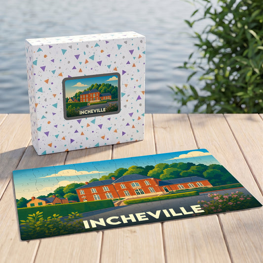 Puzzle souvenir de la ville d'Incheville avec une illustration stylisée de sa mairie.