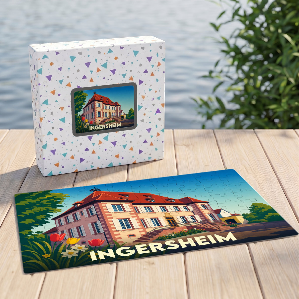 Puzzle souvenir de la ville d'Ingersheim avec une illustration stylisée d'un bâtiment historique.