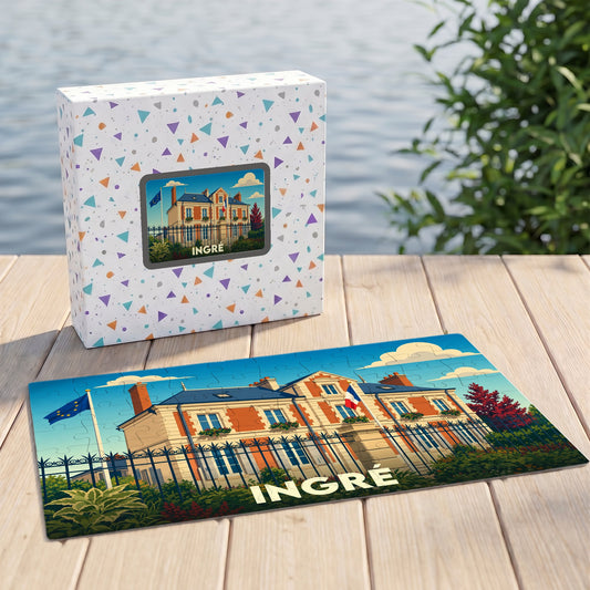 Puzzle souvenir de la ville d'Ingré représentant son hôtel de ville dans un style illustré.