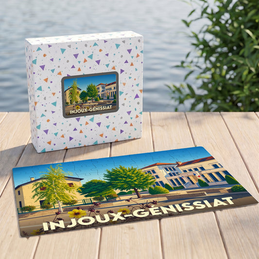 Puzzle souvenir de la commune d'Injoux-Génissiat avec son coffret illustrant un paysage urbain coloré.