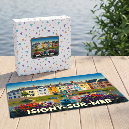 Puzzle souvenir de la ville d'Isigny-sur-Mer illustrant un port coloré avec ses maisons et bateaux typiques.