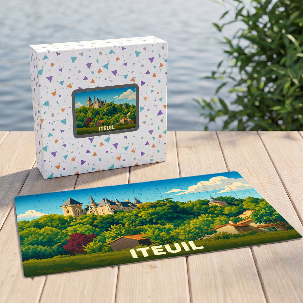 Puzzle souvenir de la ville d'Iteuil représentant une illustration stylisée d'un château boisé.