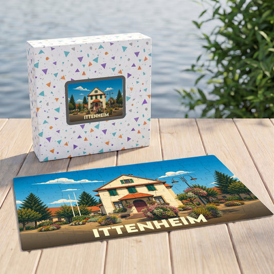 Puzzle souvenir de la ville de Ittenheim illustrant une maison traditionnelle alsacienne fleurie.