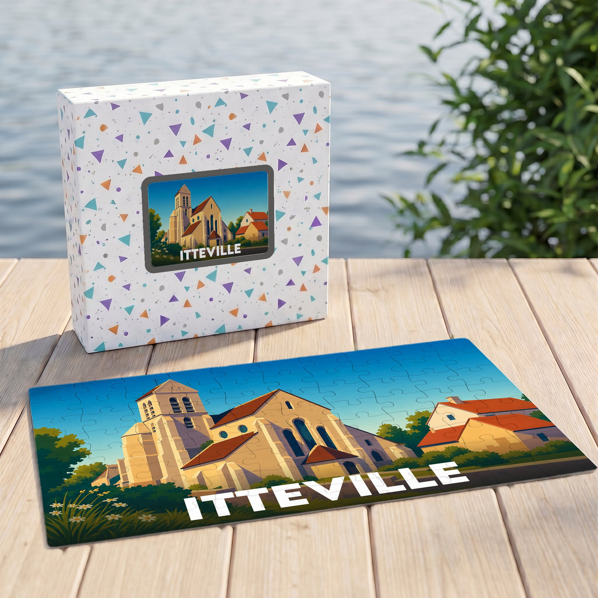 Puzzle souvenir de la ville d'Itteville représentant son église sous forme d'illustration colorée.