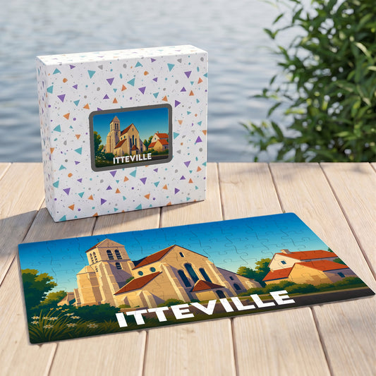 Puzzle souvenir de la ville d'Itteville représentant son église sous forme d'illustration colorée.