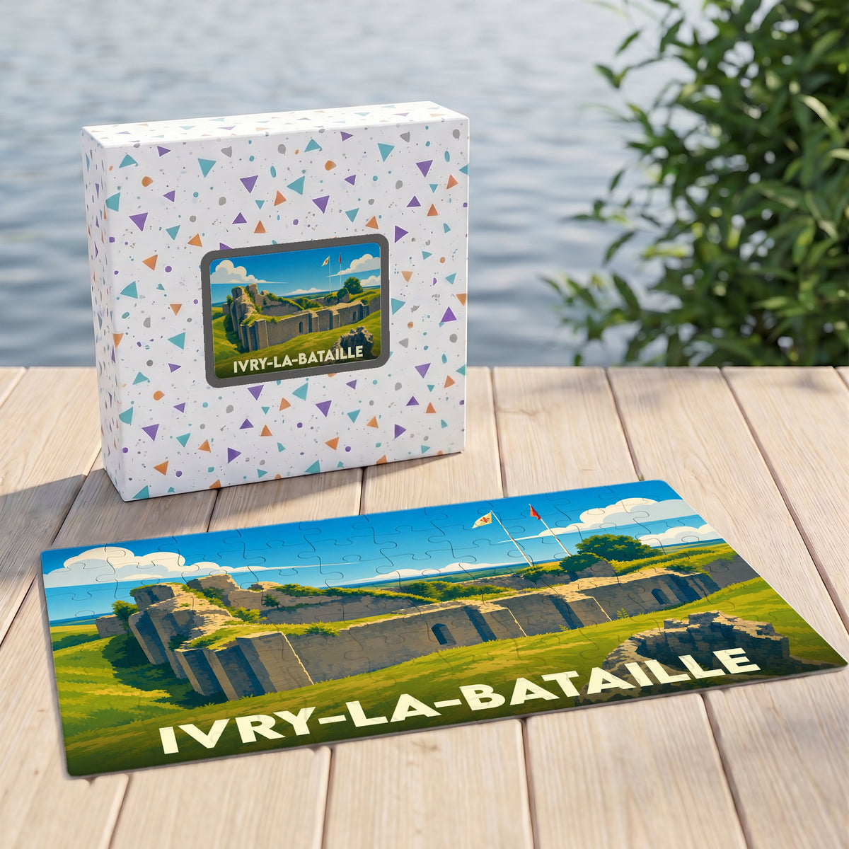 Puzzle souvenir de la ville d'Ivry-la-Bataille illustrant les vestiges de son château médiéval.