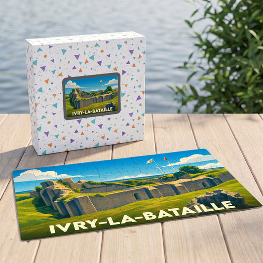 Puzzle souvenir de la ville d'Ivry-la-Bataille illustrant les vestiges de son château médiéval.