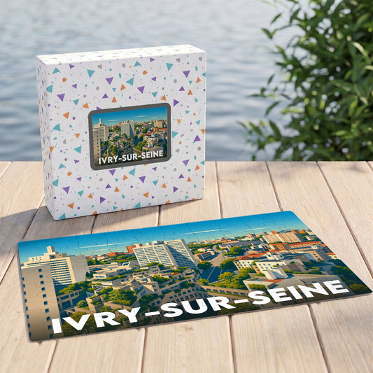 Puzzle souvenir de la ville d'Ivry-sur-Seine avec une illustration urbaine colorée.
