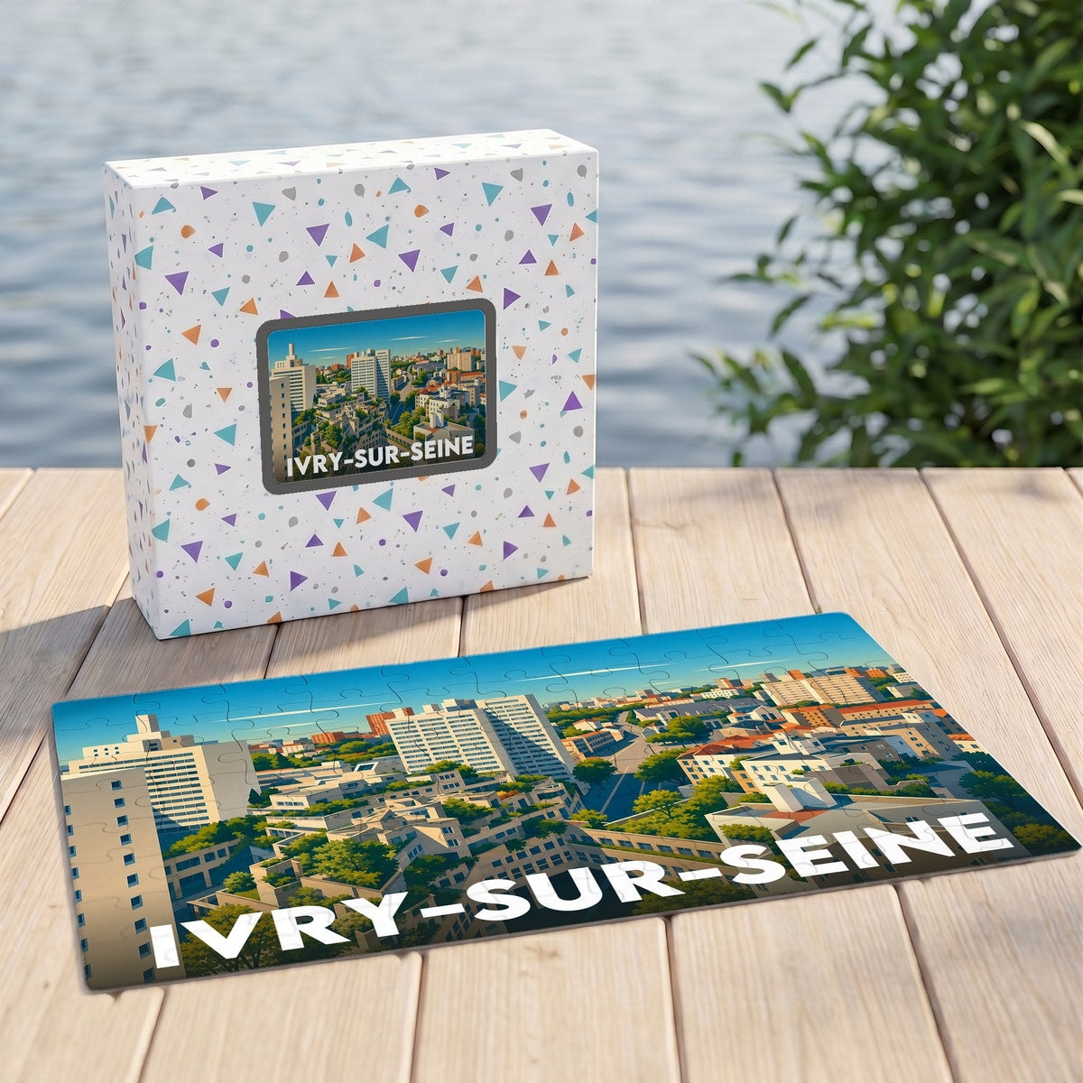 Puzzle souvenir de la ville d'Ivry-sur-Seine avec une illustration urbaine colorée.