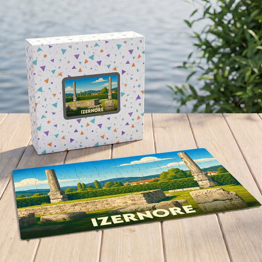 Puzzle souvenir de la ville d'Izernore illustrant ses vestiges romains dans un style graphique épuré.