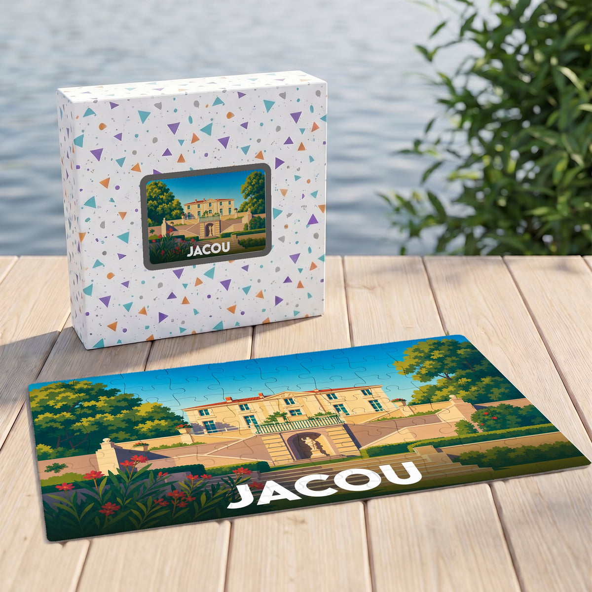 Puzzle souvenir de la ville de Jacou représentant une illustration stylisée de son patrimoine.