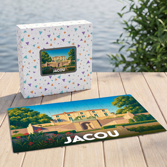 Puzzle souvenir de la ville de Jacou représentant une illustration stylisée de son patrimoine.