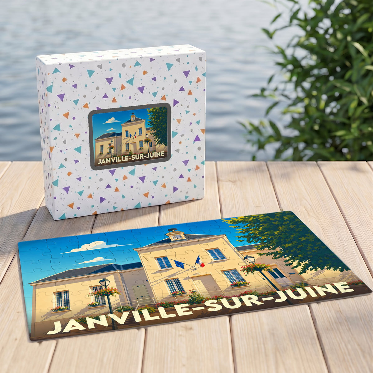 Puzzle souvenir de la ville de Janville-sur-Juine avec une illustration stylisée de sa mairie.