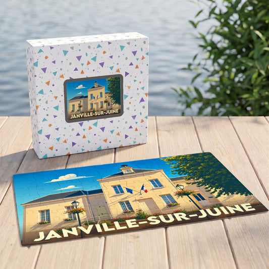 Puzzle souvenir de la ville de Janville-sur-Juine avec une illustration stylisée de sa mairie.