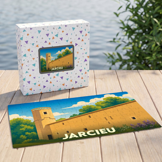 Puzzle souvenir de la ville de Jarcieu avec une illustration stylisée d'un bâtiment historique.