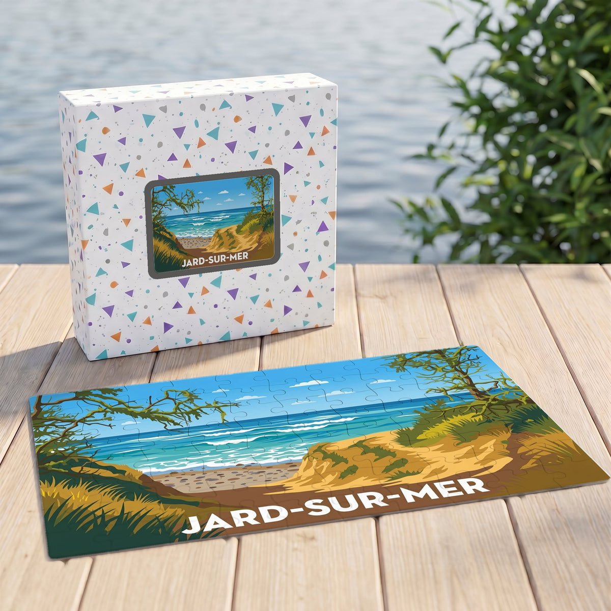 Puzzle souvenir de la ville de Jard-sur-Mer illustrant un paysage de dunes et de mer.