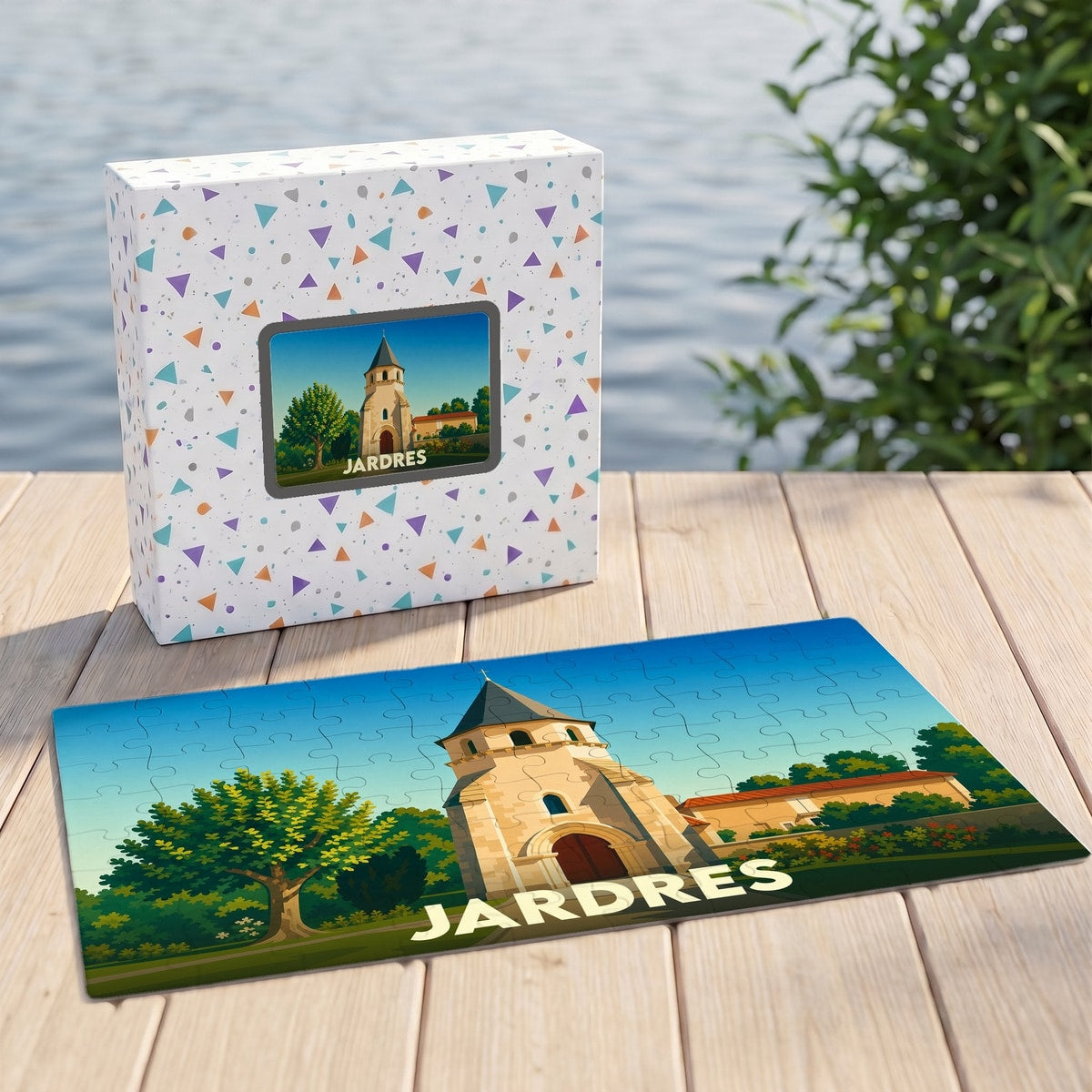 Puzzle souvenir de la ville de Jardres avec une illustration stylisée de son église et de son paysage.