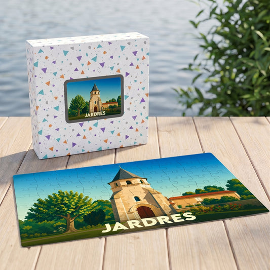 Puzzle souvenir de la ville de Jardres avec une illustration stylisée de son église et de son paysage.