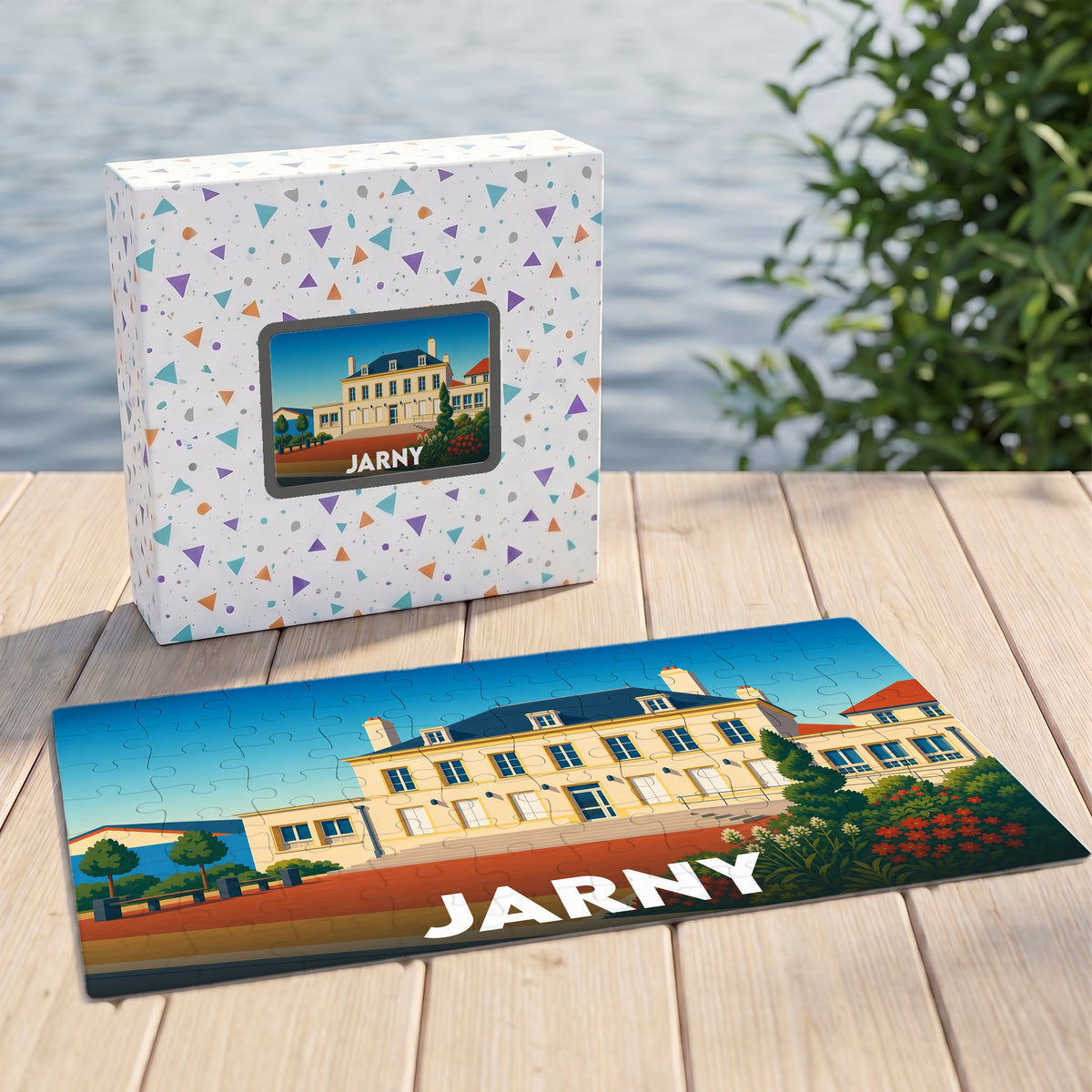 Puzzle souvenir de la ville de Jarny avec une illustration stylisée d'un bâtiment remarquable.