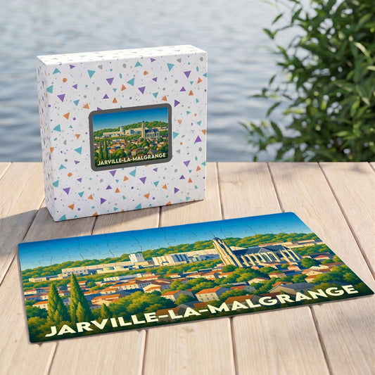 Puzzle souvenir de la ville de Jarville-la-Malgrange avec une illustration panoramique stylisée.
