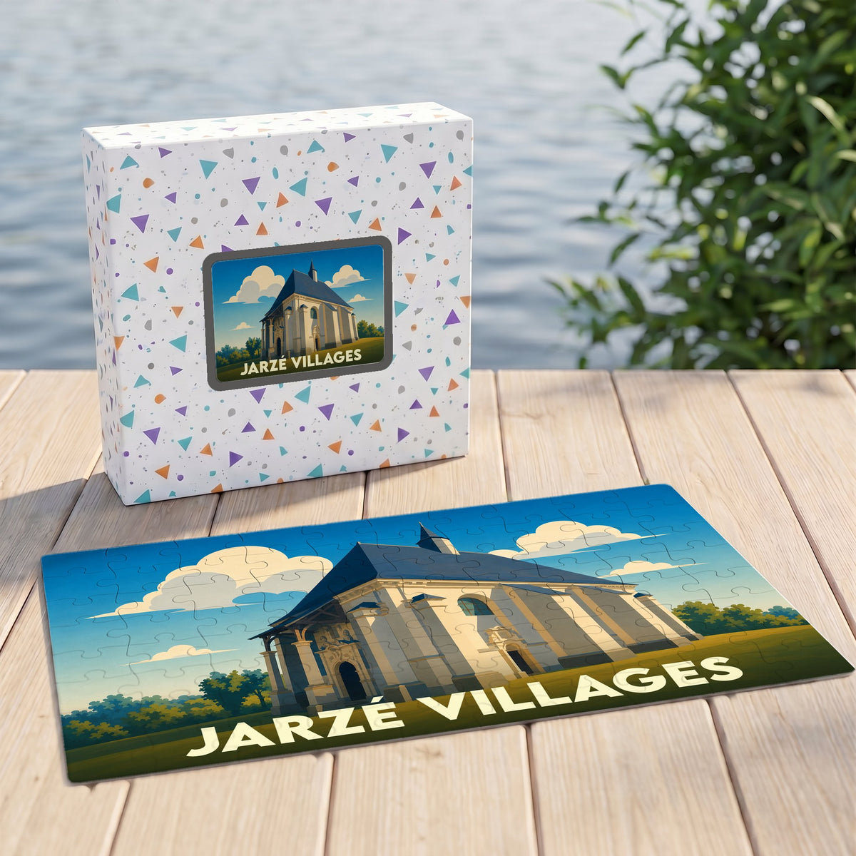 Puzzle souvenir de Jarzé Villages avec une illustration stylisée d'un monument historique.