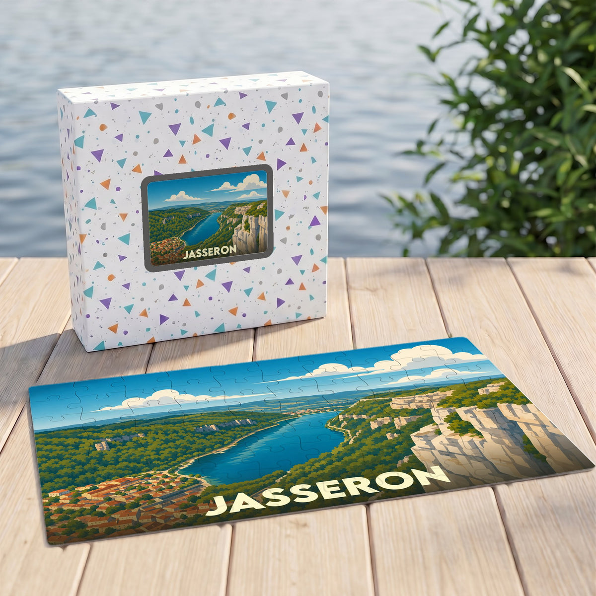 Puzzle souvenir de la ville de Jasseron avec une illustration paysagère stylisée.
