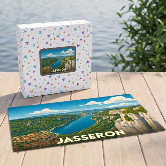 Puzzle souvenir de la ville de Jasseron avec une illustration paysagère stylisée.