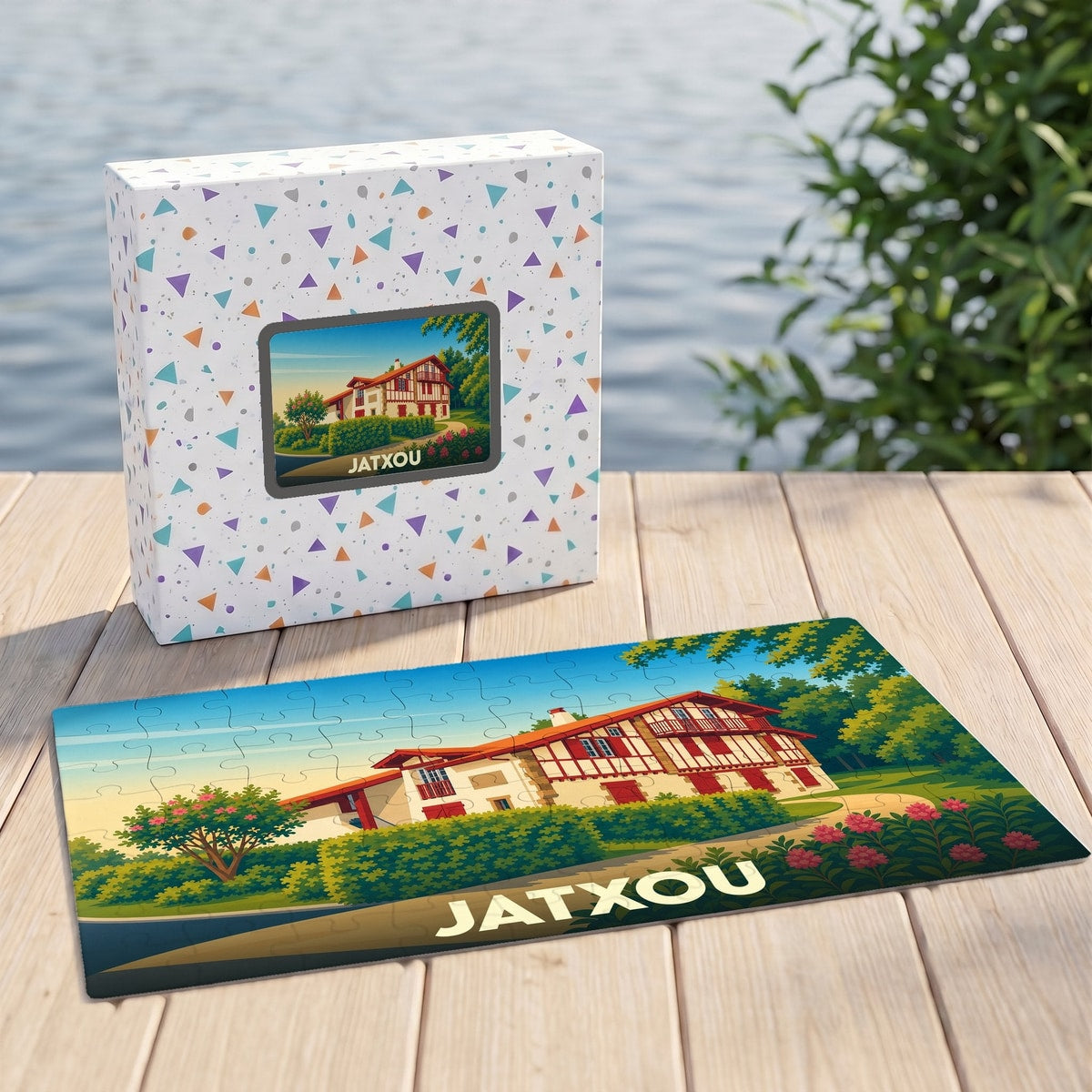 Puzzle souvenir de la ville de Jatxou avec une illustration stylisée d'une maison traditionnelle basque.