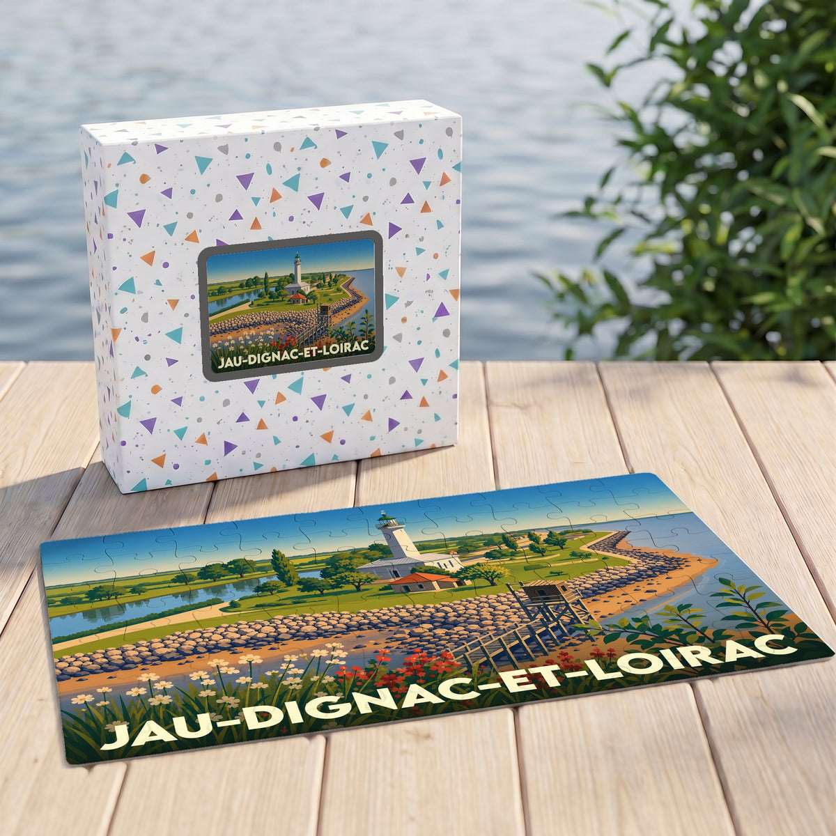 Puzzle souvenir de la commune de Jau-Dignac-et-Loirac illustrant son phare et son littoral dans un style rétro.