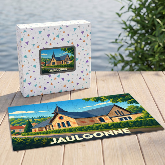 Puzzle souvenir de la ville de Jaulgonne avec une illustration stylisée d'un bâtiment historique.