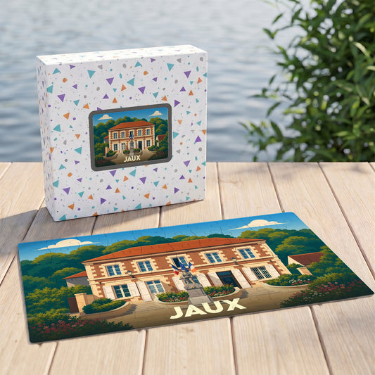 Puzzle souvenir de la ville de Jaux avec une illustration stylisée de sa mairie.