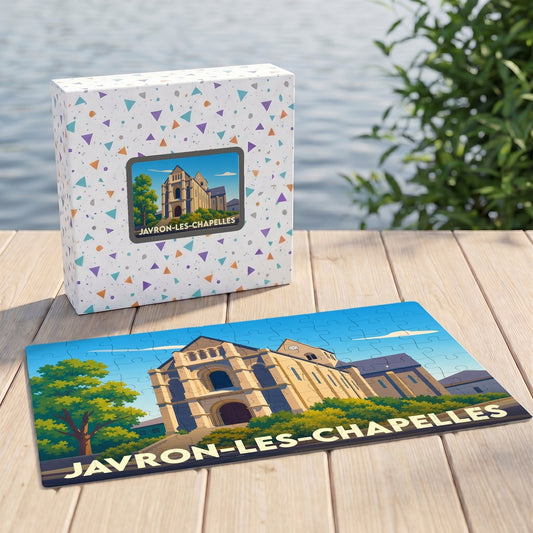 Puzzle souvenir de la ville de Javron-les-Chapelles avec une illustration stylisée de son église.