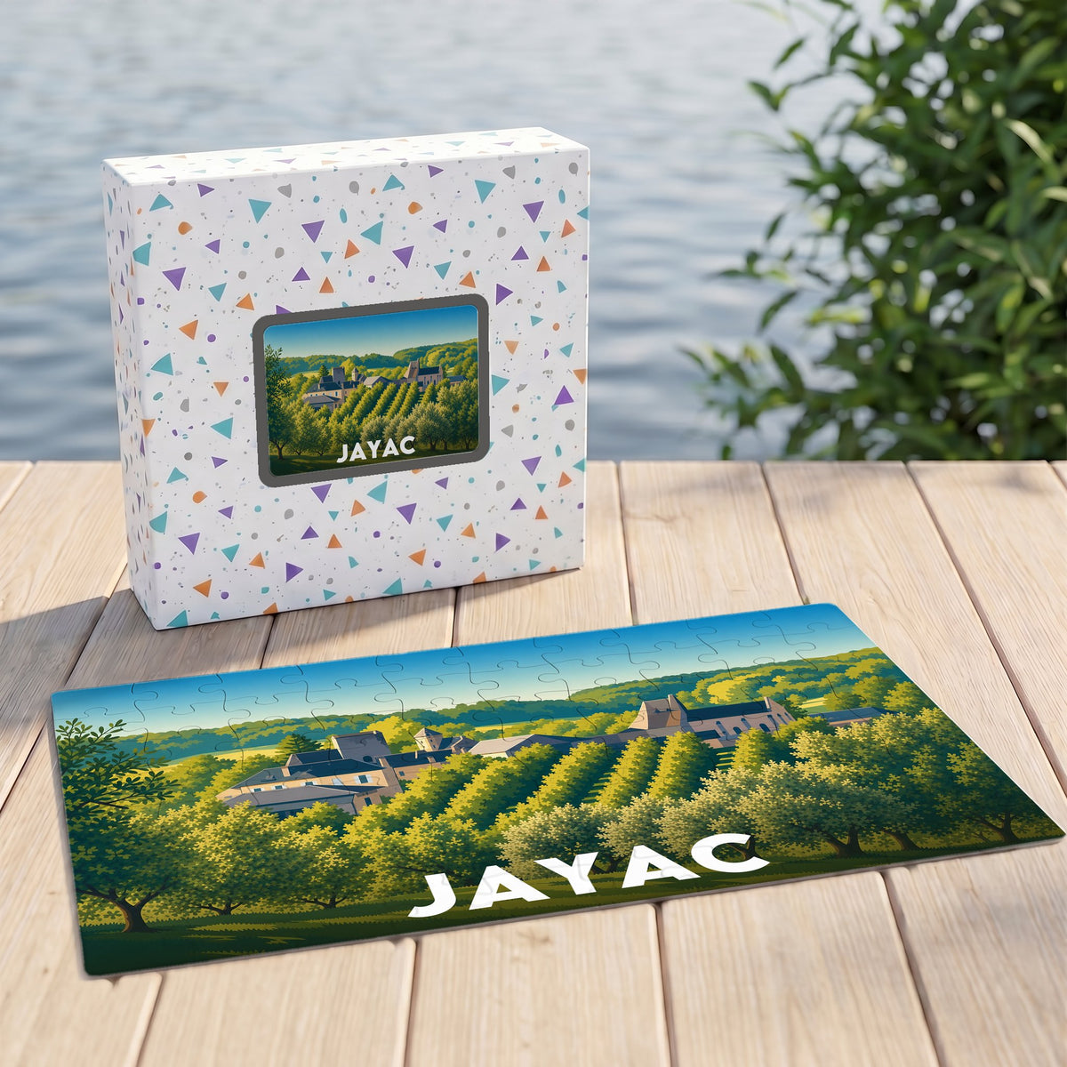 Puzzle souvenir de la ville de Jayac avec une illustration stylisée de son paysage et de ses bâtiments.