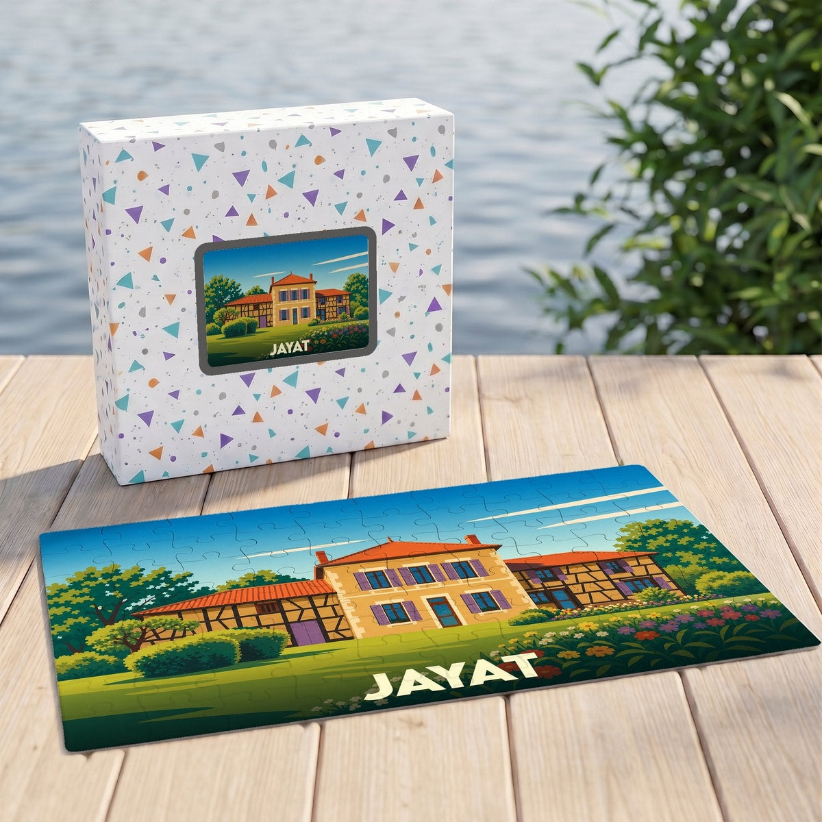 Puzzle souvenir de la ville de Jayat avec une illustration stylisée d'une maison traditionnelle.