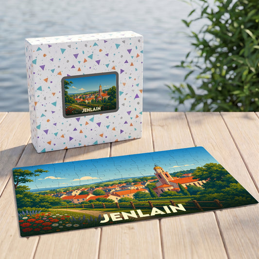 Puzzle souvenir de la ville de Jenlain représentant une illustration stylisée du village et de son église.