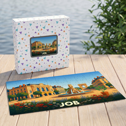 Puzzle souvenir de la ville de Job avec une illustration stylisée d'une place ensoleillée.