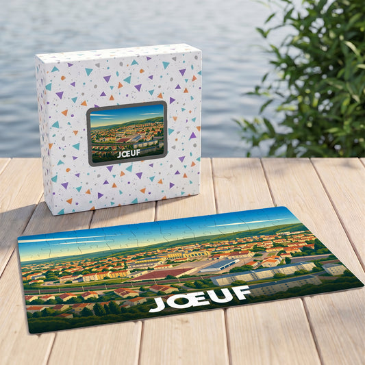 Puzzle souvenir de la ville de Jœuf avec une illustration panoramique stylisée.