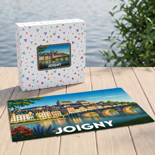 Puzzle souvenir de la ville de Joigny avec une illustration stylisée de ses quais et de son pont.