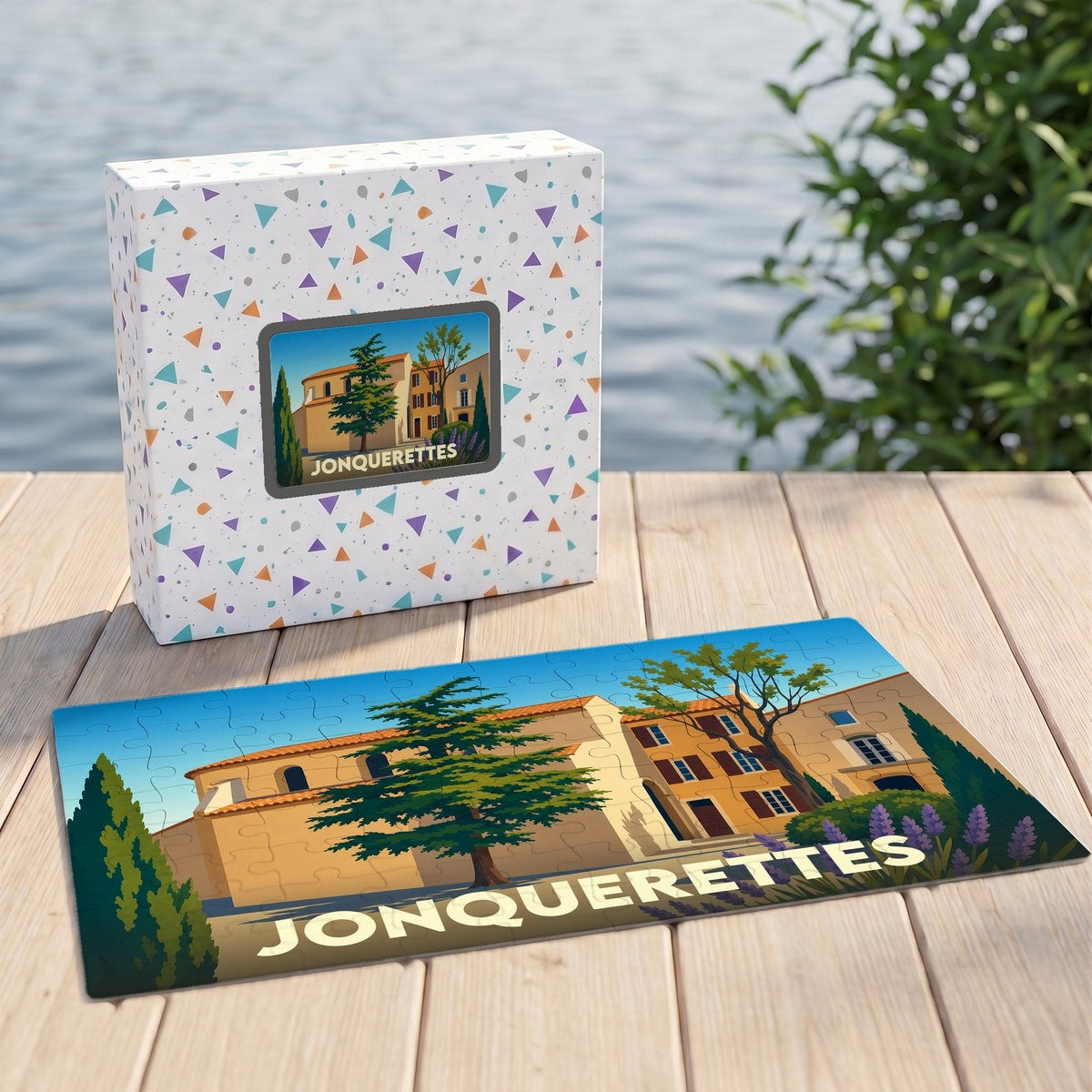 Puzzle souvenir de la ville de Jonquerettes avec une illustration stylisée d'un paysage provençal.