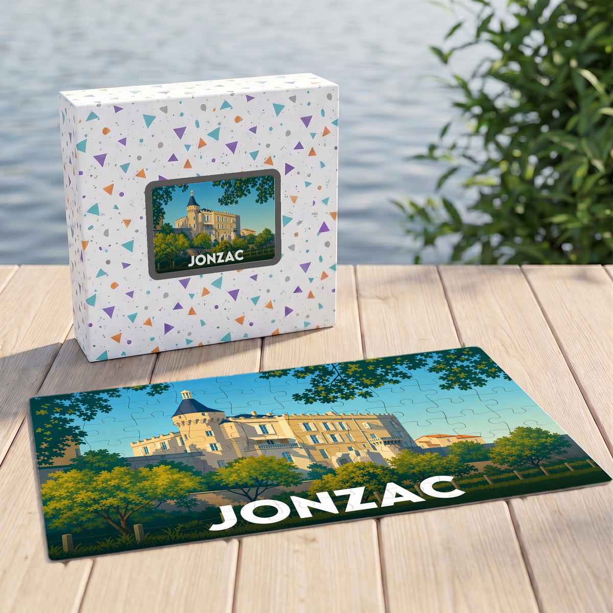 Puzzle souvenir de la ville de Jonzac avec une illustration stylisée de son château.
