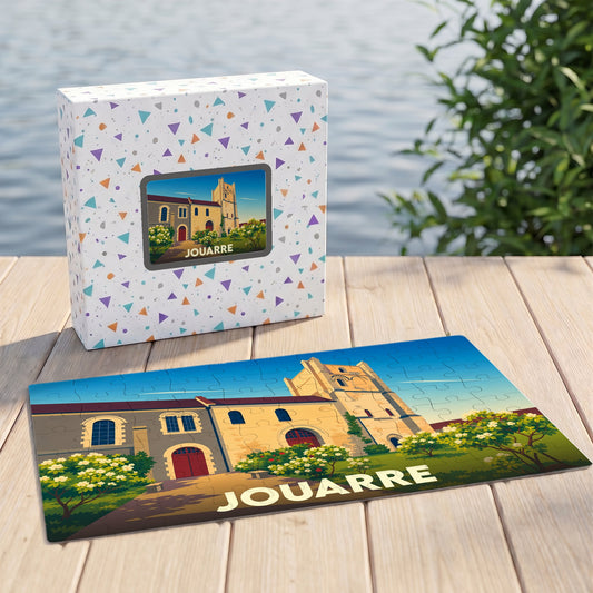Puzzle souvenir de la ville de Jouarre avec une illustration stylisée de son patrimoine.