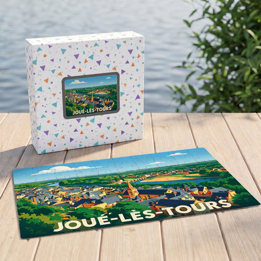 Puzzle souvenir de la ville de Joué-lès-Tours avec une illustration stylisée et colorée.