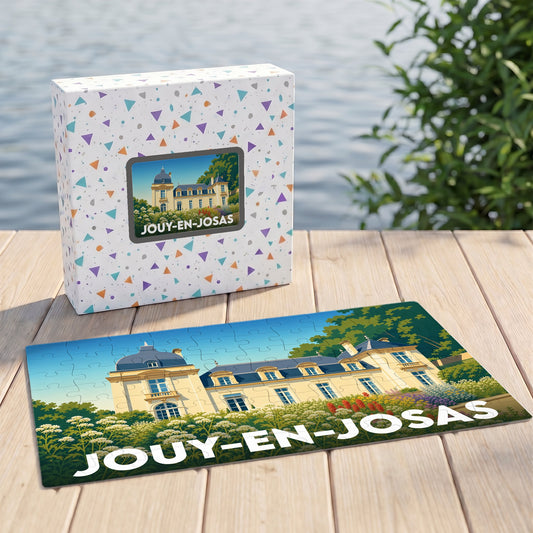 Puzzle souvenir de la ville de Jouy-en-Josas avec une illustration stylisée d'un château.