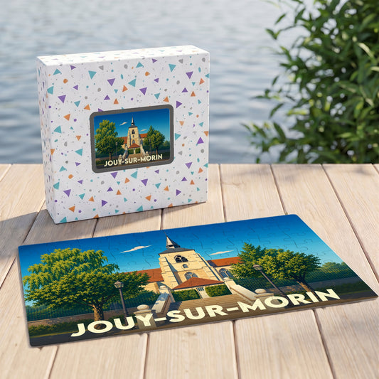Puzzle souvenir de la ville de Jouy-sur-Morin avec son illustration et sa boîte assortie.