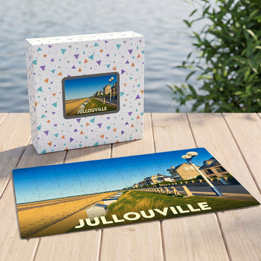 Puzzle souvenir de la ville de Jullouville avec une illustration stylisée de son front de mer.