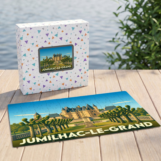 Puzzle souvenir de la ville de Jumilhac-le-Grand avec une illustration stylisée de son château.