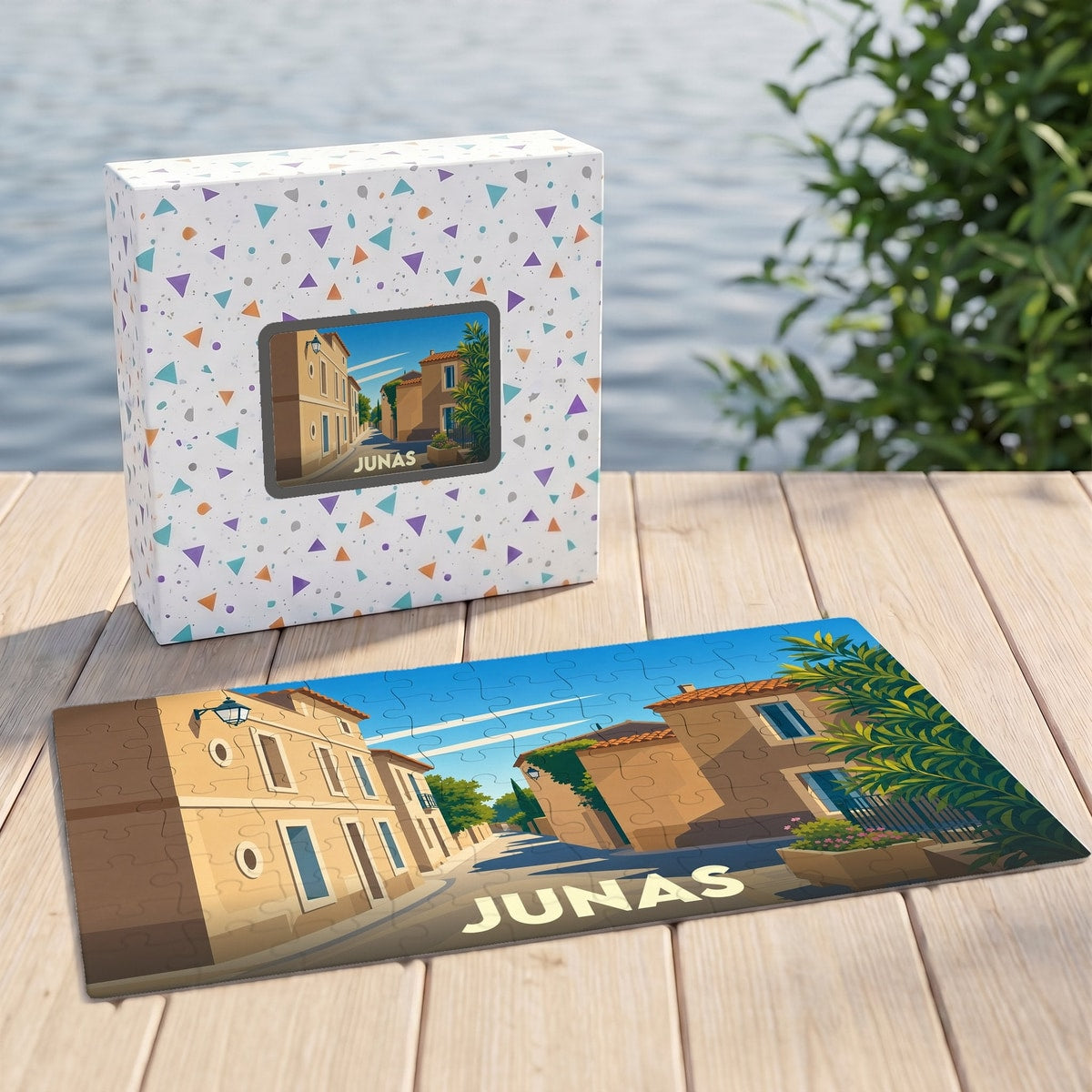 Puzzle souvenir de la ville de Junas avec une illustration stylisée d'une rue ensoleillée.